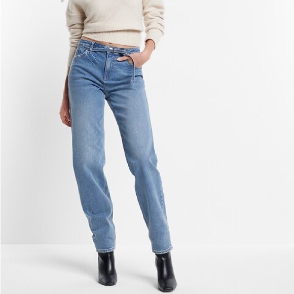 Express Denim - Express Mid Rise Medium Wash Belted Baggy Tapered Jeans 8R